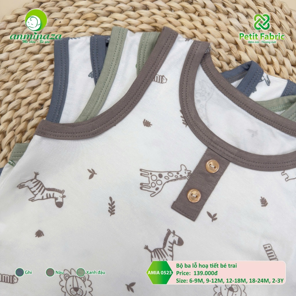 Bộ ba lỗ Bé Trai Anminaza Hoạt Tiết Dễ Thương Vải Petit Mềm Mịn Thoáng Mát - Hàng Chính Hãng AMI0523