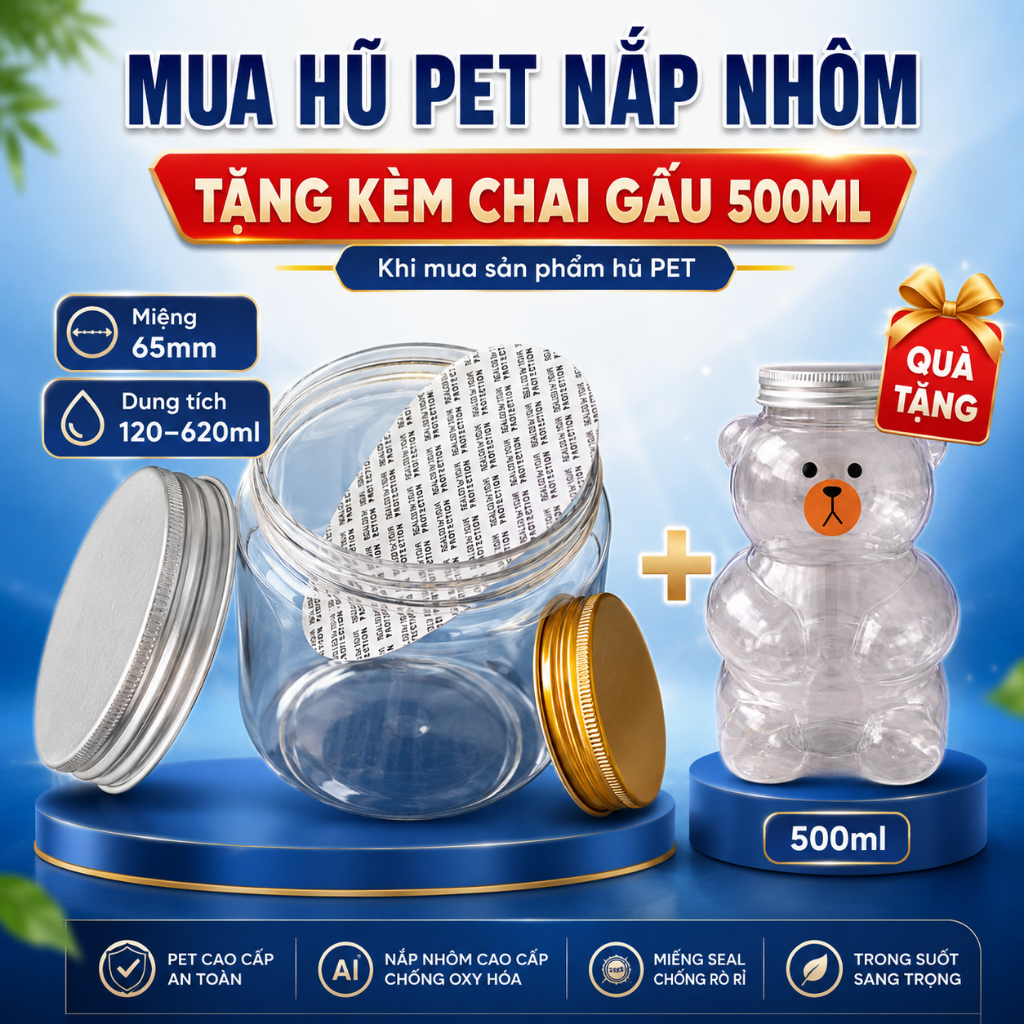 Combo 25 Hũ Nhựa 160ml - 600ml Nắp Vặn Kèm Seal – Hũ Đựng Rau Củ Sấy, Bánh Kẹo, Hạt Dinh Dưỡng phi 65