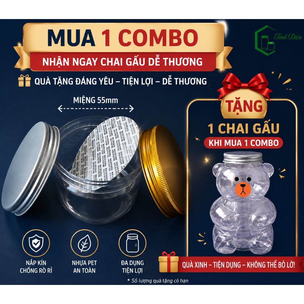 Combo 25 Hũ Nhựa 150ml - 450ml Nắp Vặn, Kèm Seal – Hũ Đựng Rau Củ Sấy, Bánh Kẹo, Hạt Dinh Dưỡng, Thực Phẩm Khô,  Phi 55