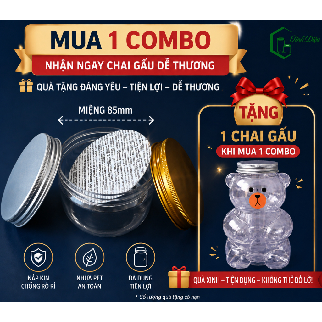 Combo 25 Hũ Nhựa 300ml-1050ml Nắp Vặn Kèm Seal – Hũ Đựng Thực Phẩm Khô  Trong Suốt  Phi 85