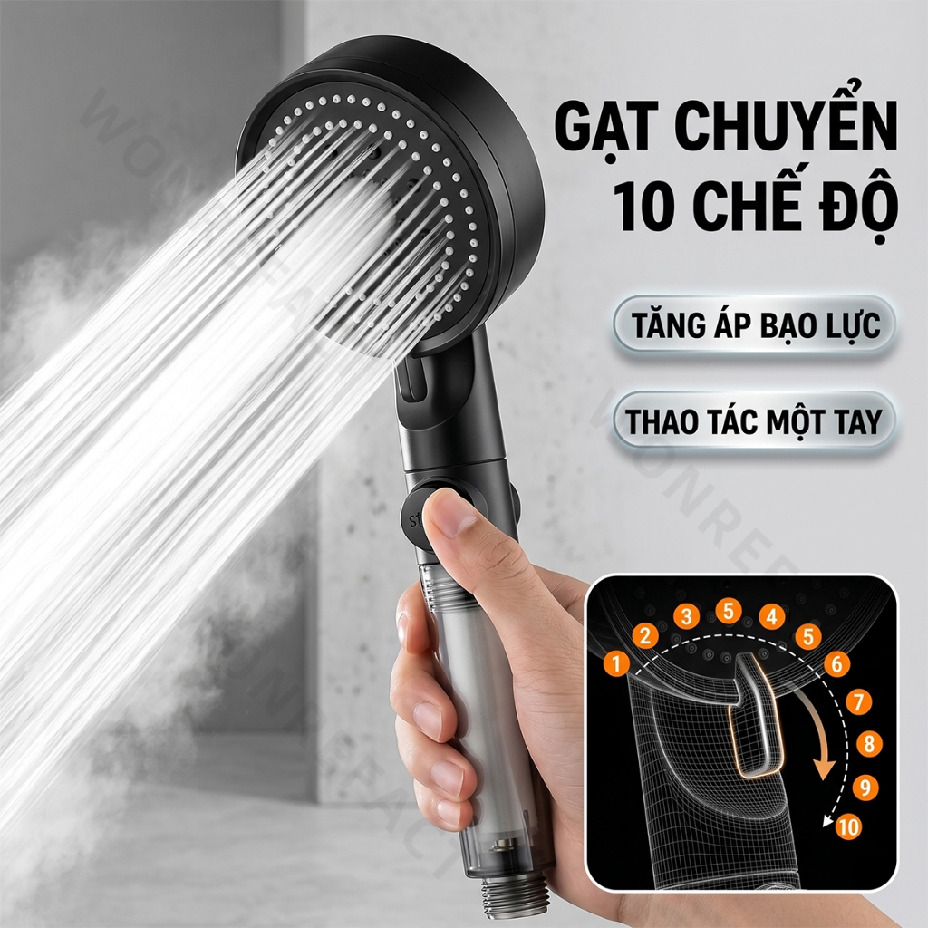 Vòi Hoa Sen Lọc Nước Sạch Clo Bảo Vệ Da 10 Chế Độ Massage Tăng Áp Mạnh Bát Sen Tắm Nhựa ABS Dày Có Nút Tạm Dừng