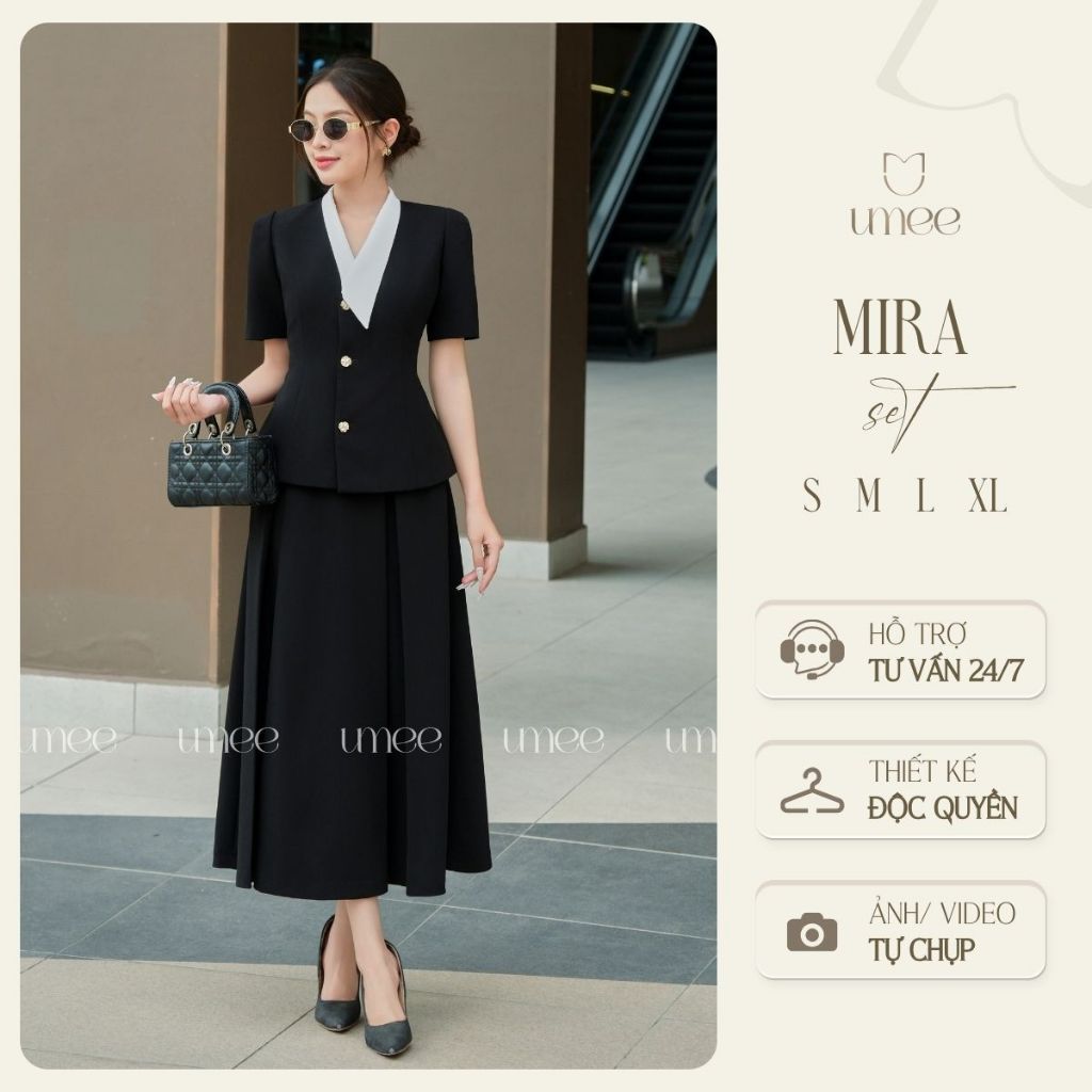 Umee Design - Set Thiết Kế Sang Trọng Áo Kết Hợp Cổ Lệch Trắng Phối Chân Váy "Mira Set"