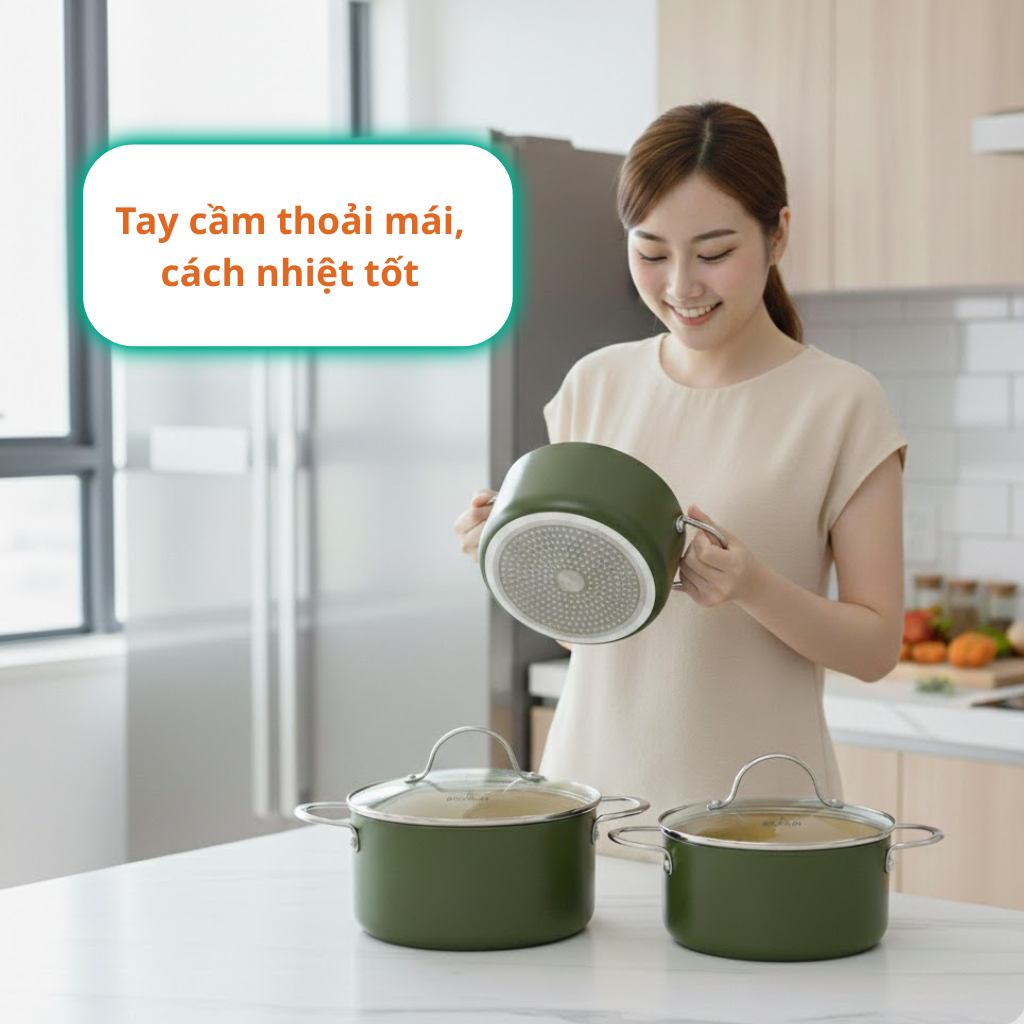 Bộ Nồi Nhôm Chống Dính Ceramic Cao Cấp Elmich Harmony Olive Classic, Đế Từ Tổ Ong, An Toàn Bền Đẹp
