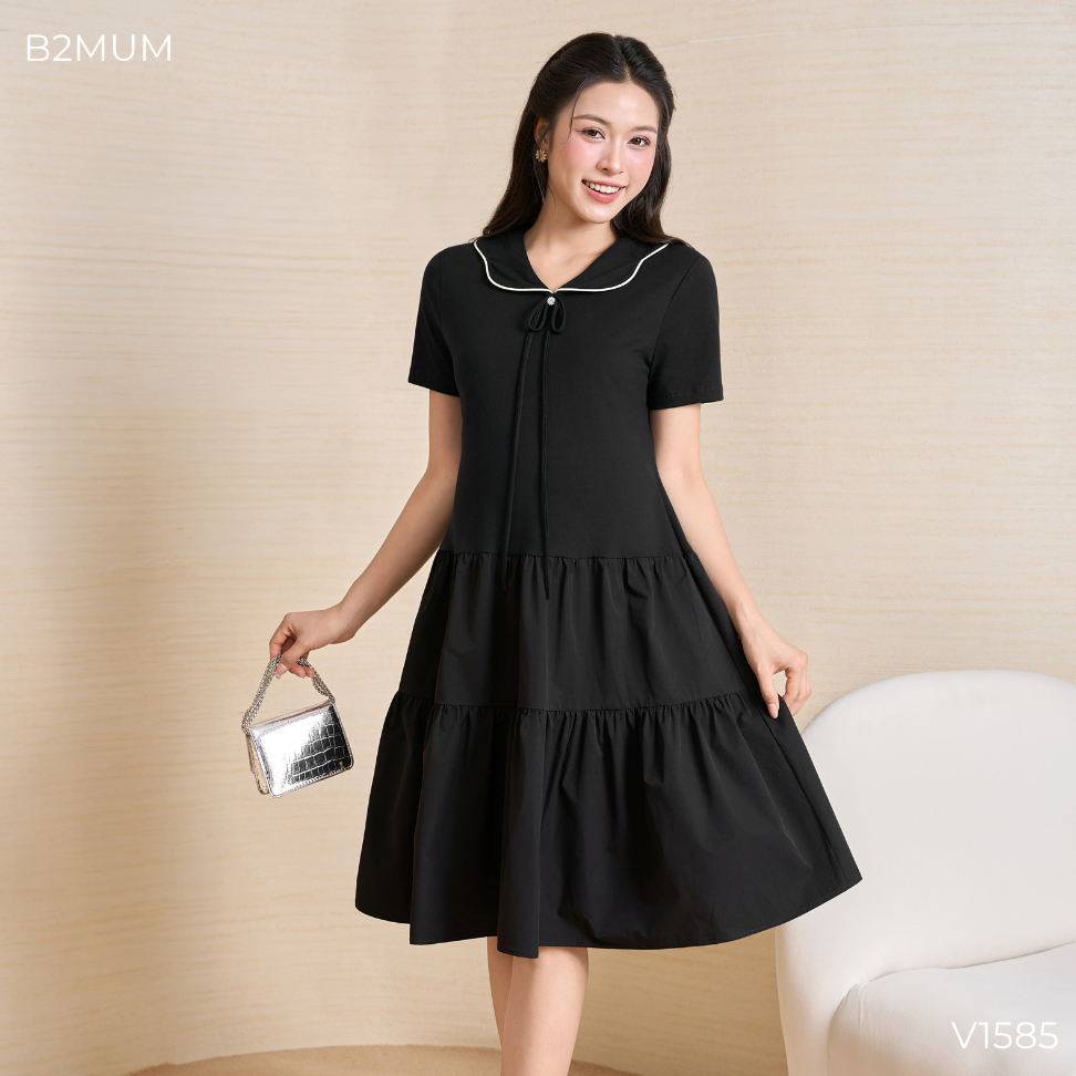 Váy Bầu Suông Tầng Cổ Viền Phối Nơ Thanh Lịch - Đầm Bầu Đi Làm Dạo Phố Mềm Mát Dễ Mặc Dễ Phối Lina Dress V1585 By B2MUM