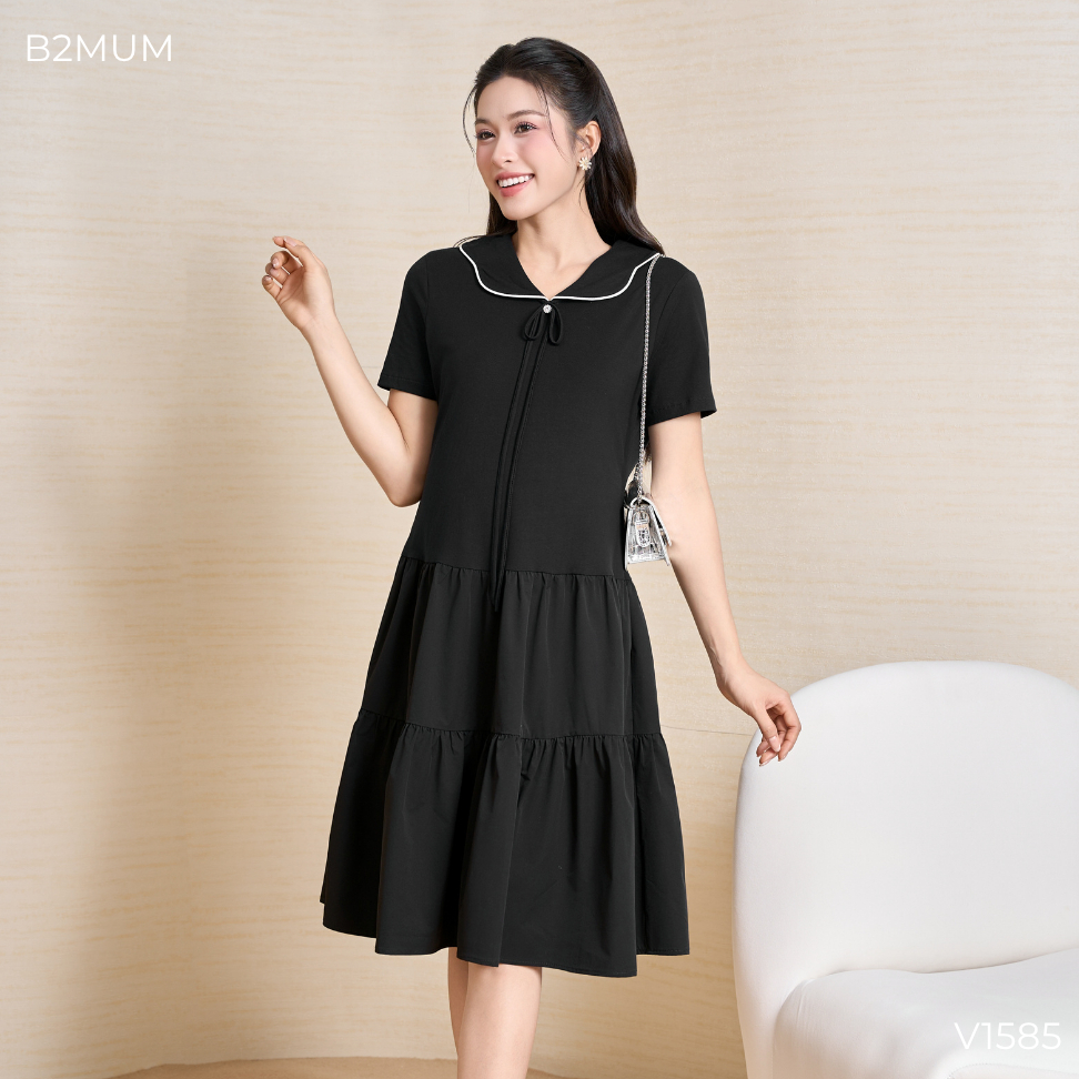 Váy Bầu Suông Tầng Cổ Viền Phối Nơ Thanh Lịch - Đầm Bầu Đi Làm Dạo Phố Mềm Mát Dễ Mặc Dễ Phối Lina Dress V1585 By B2MUM