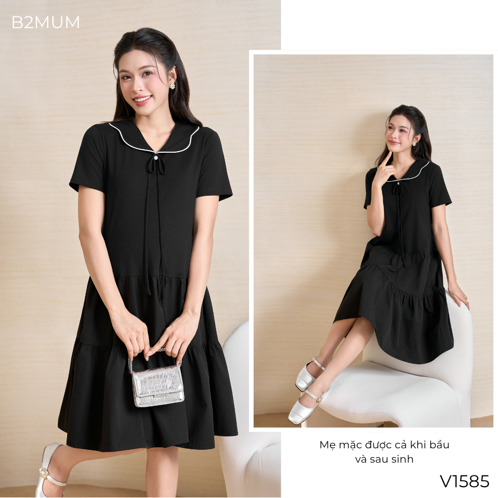 Váy Bầu Suông Tầng Cổ Viền Phối Nơ Thanh Lịch - Đầm Bầu Đi Làm Dạo Phố Mềm Mát Dễ Mặc Dễ Phối Lina Dress V1585 By B2MUM