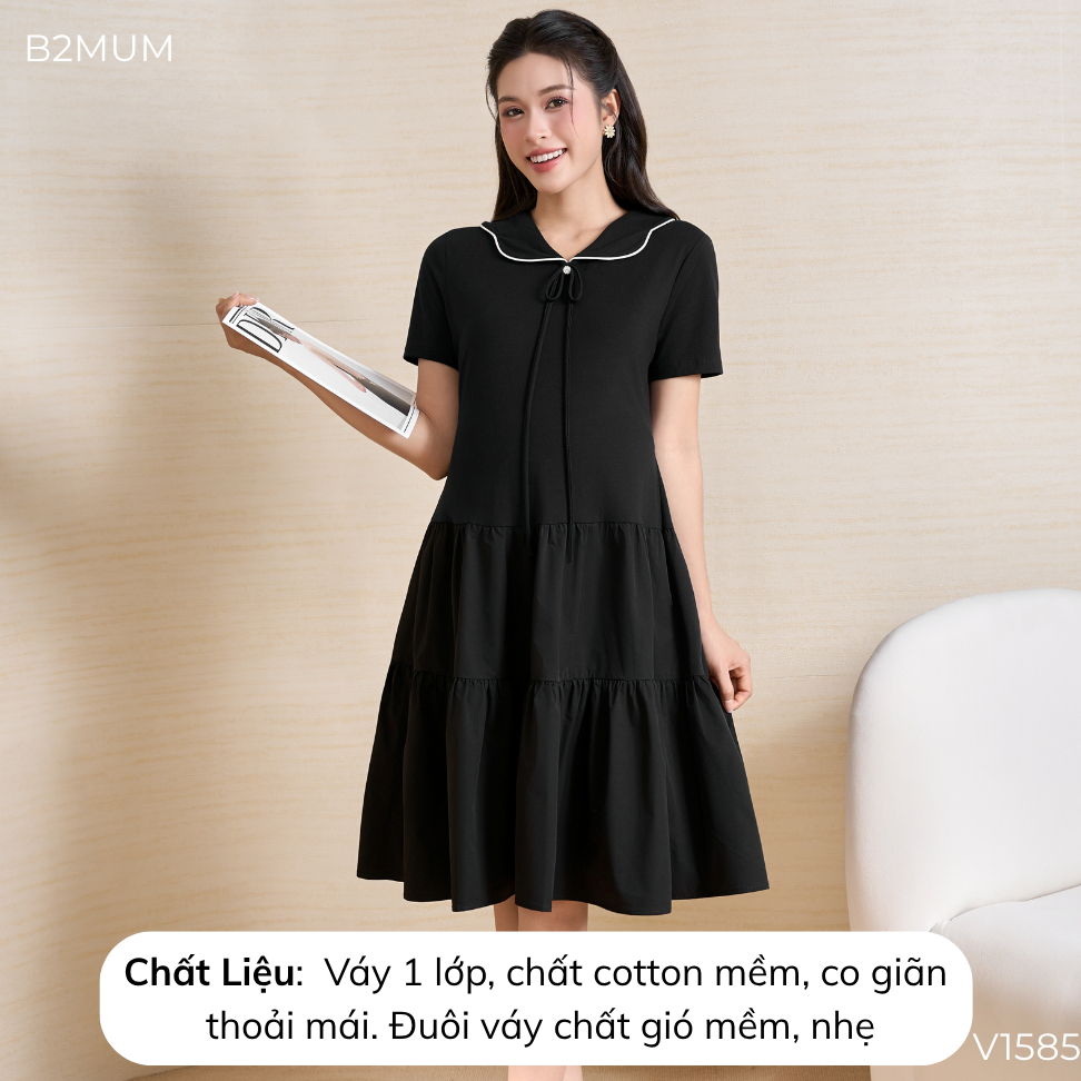 Váy Bầu Suông Tầng Cổ Viền Phối Nơ Thanh Lịch - Đầm Bầu Đi Làm Dạo Phố Mềm Mát Dễ Mặc Dễ Phối Lina Dress V1585 By B2MUM