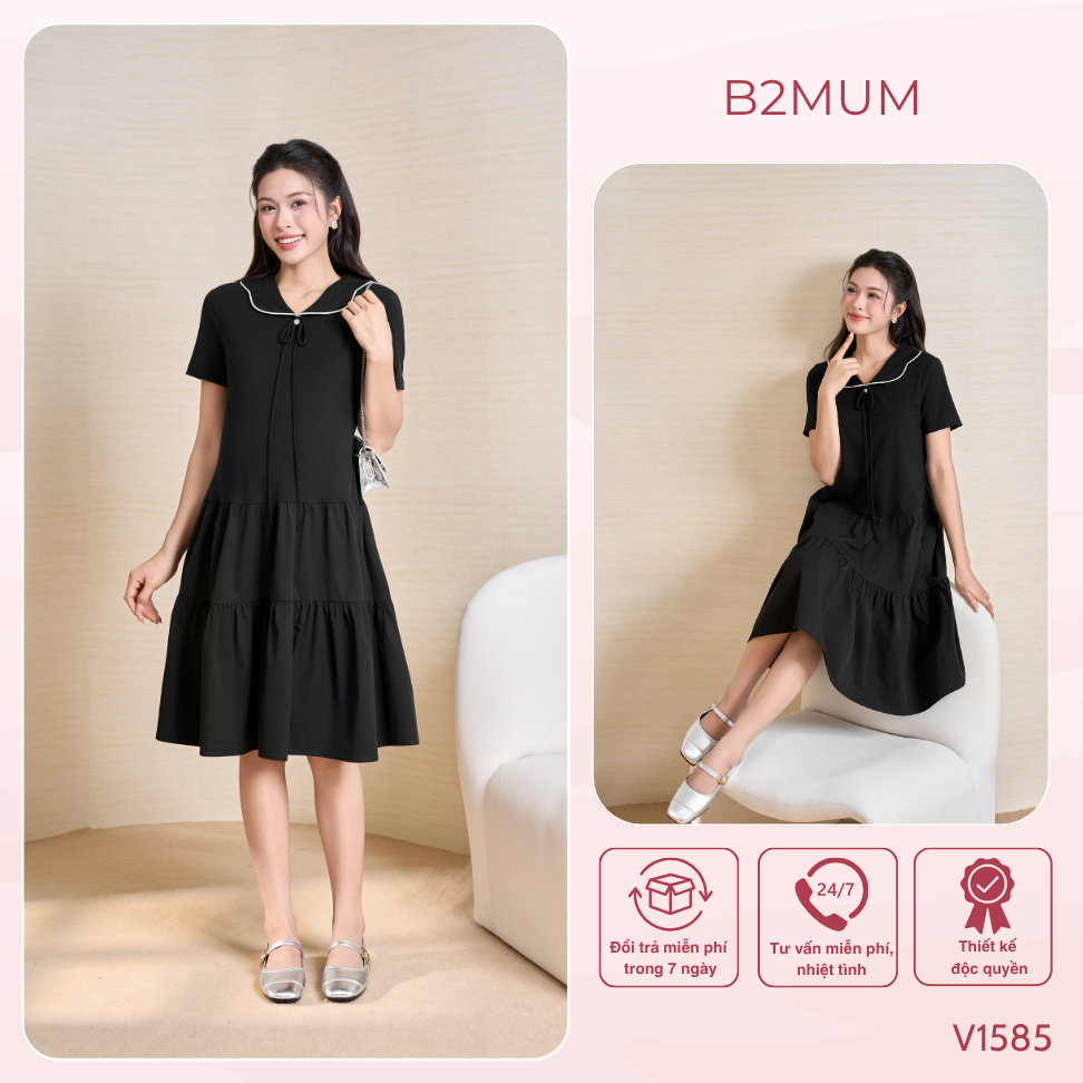 Váy Bầu Suông Tầng Cổ Viền Phối Nơ Thanh Lịch - Đầm Bầu Đi Làm Dạo Phố Mềm Mát Dễ Mặc Dễ Phối Lina Dress V1585 By B2MUM