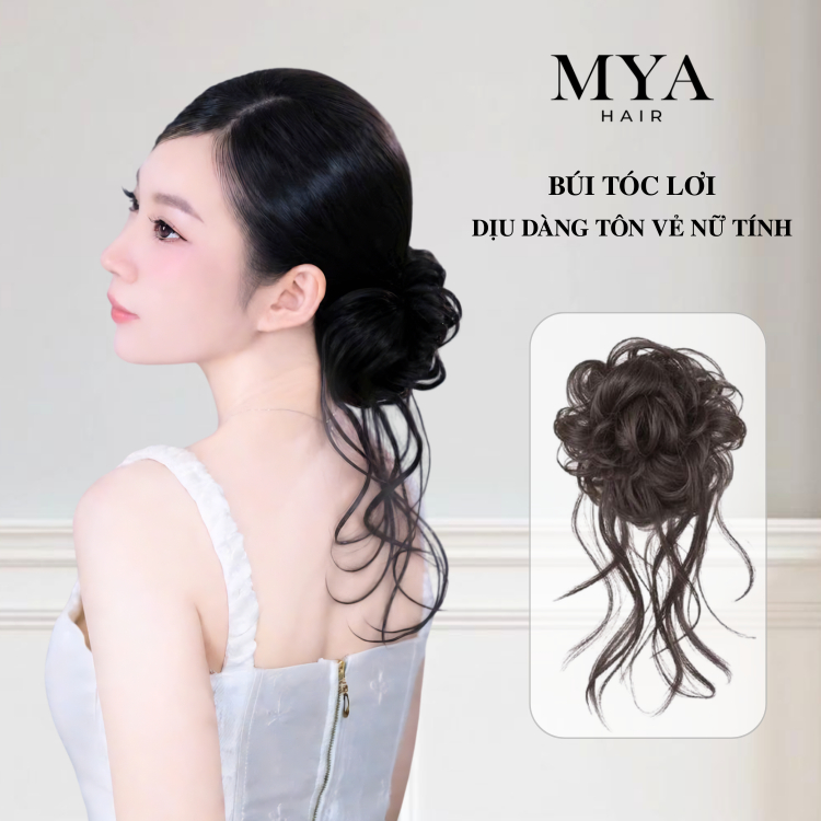 Tóc Giả Búi Lơi MYA Tóc Búi Lệch, Kiểu Tua Gợn Sóng Tự Nhiên Bồng Bềnh, Kẹp Càng Cua, Kỷ Yếu Đi Biển