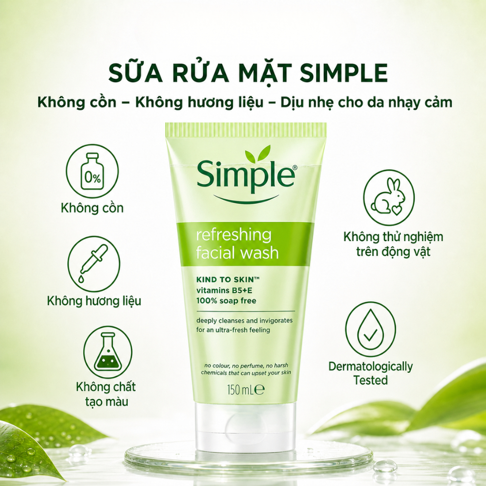 Sữa Rửa Mặt Simple Cho Mọi Loại Da, Giúp Sạch Bụi Bẩn, Tạo Cảm Giác Mềm Mịn Và Giảm Dầu Thừa Trên Da 150ML