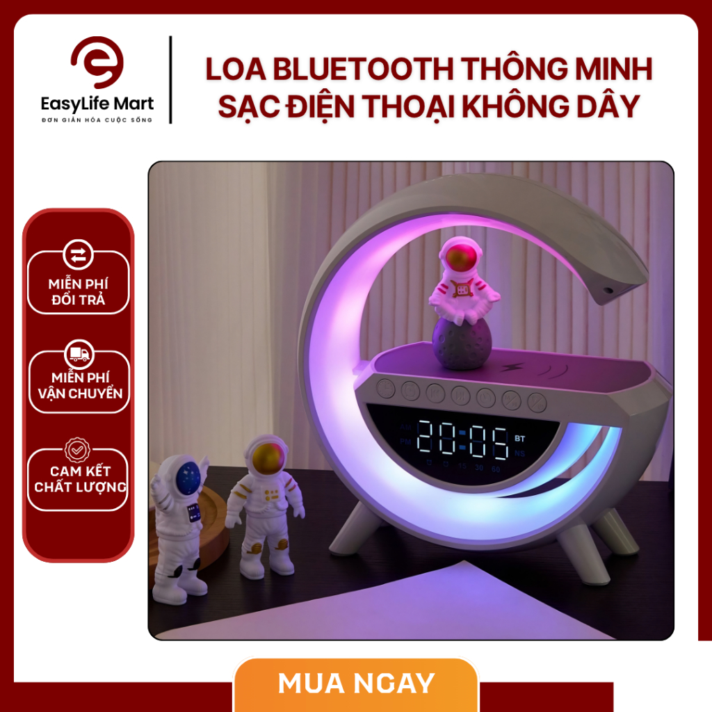 Loa Nghe Nhạc Bluetooth Thông Minh Chữ G Âm Thanh 360°, Tích Hợp Đèn LED, Đồng Hồ Và Sạc Không Dây