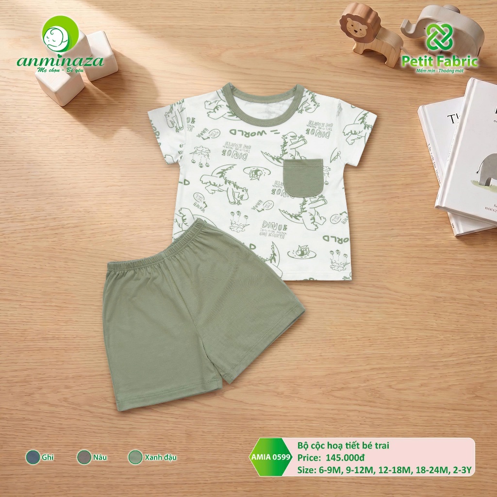 Bộ Cộc Bé Trai Anminaza Hoạ Tiết Dễ Thương Vải Petit Mềm Mịn Thấm Hút - Hàng Chính Hãng AMI0599