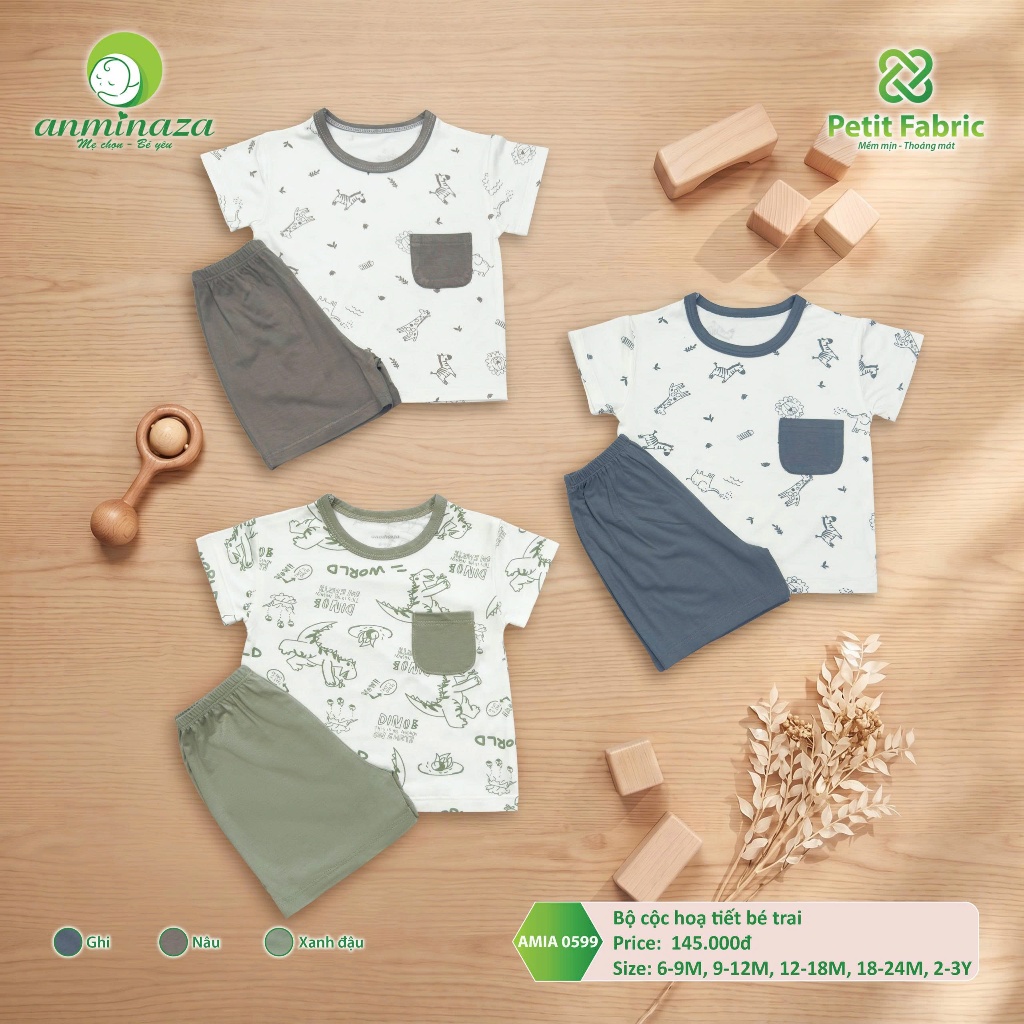 Bộ Cộc Bé Trai Anminaza Hoạ Tiết Dễ Thương Vải Petit Mềm Mịn Thấm Hút - Hàng Chính Hãng AMI0599