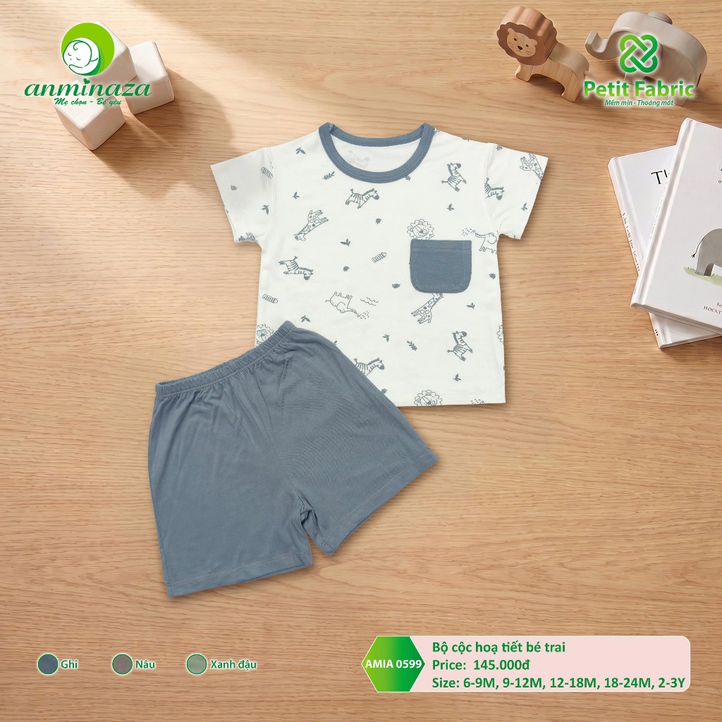Bộ Cộc Bé Trai Anminaza Hoạ Tiết Dễ Thương Vải Petit Mềm Mịn Thấm Hút - Hàng Chính Hãng AMI0599