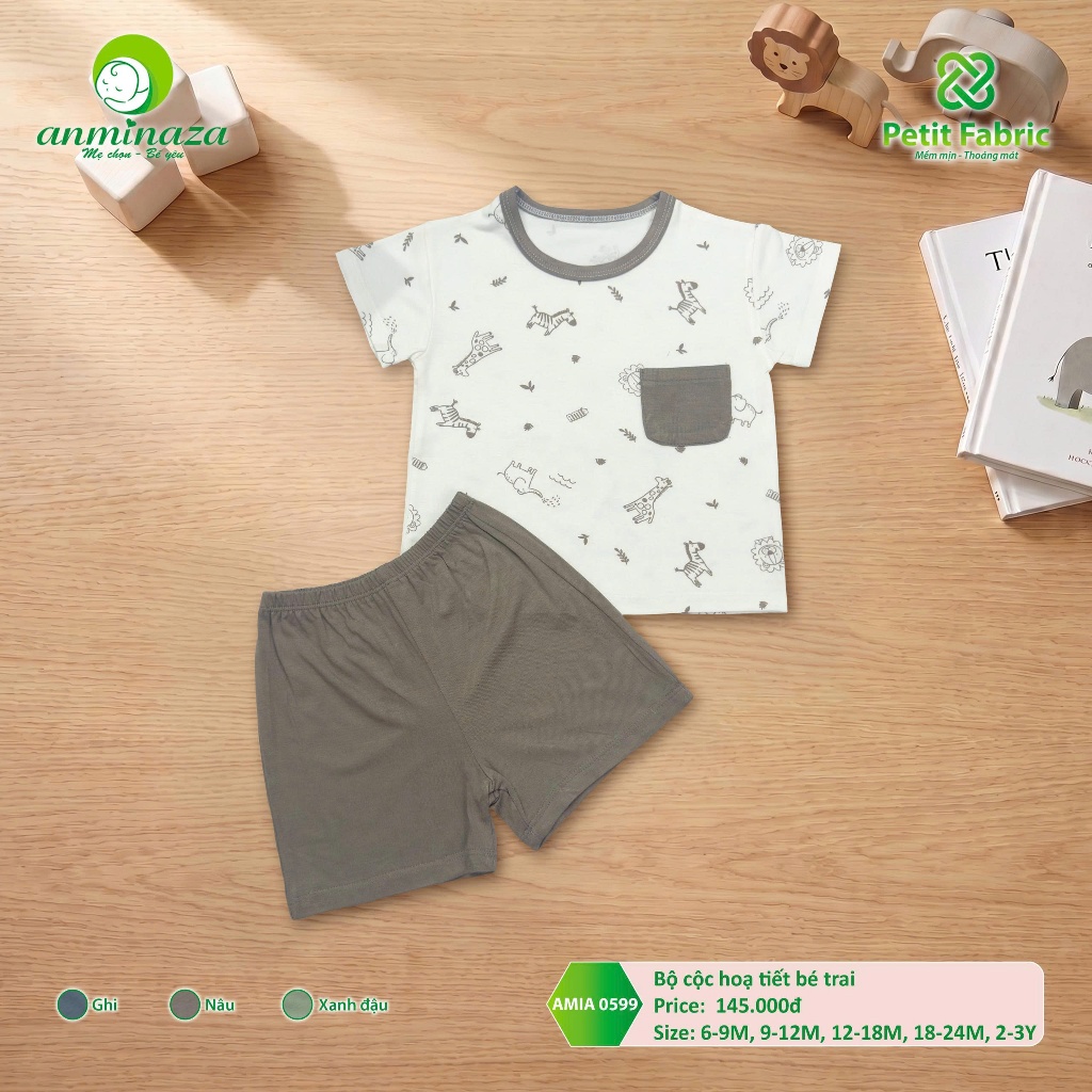 Bộ Cộc Bé Trai Anminaza Hoạ Tiết Dễ Thương Vải Petit Mềm Mịn Thấm Hút - Hàng Chính Hãng AMI0599