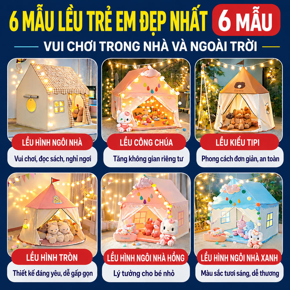 Lều Cho Bé Gái Bé Trai Cỡ Đại Đồ Chơi Trong Nhà Kèm Đèn Khung Kim Loại Vải Mềm Thoáng Khí Rộng Rãi