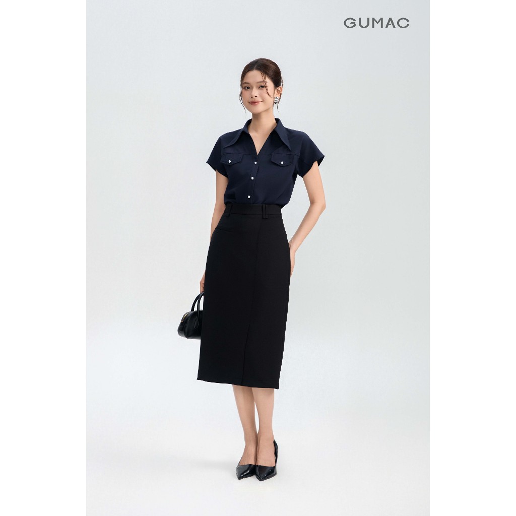 Áo Sơ Mi Nữ Tay Ngắn GUMAC Form Suông Lá Cổ Nhọn Chất Lụa Thái Rũ Mềm Mại Thoáng Mát AG05013