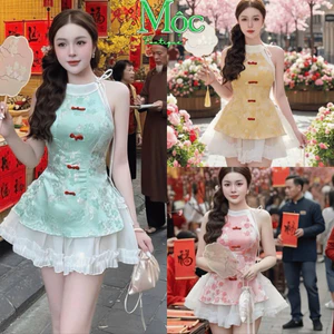 AXTAL_ Set váy ngắn, áo yếm Gấm hoa đính nút tàu cổ thắt nơ kèm váy mini xoè có lót quần