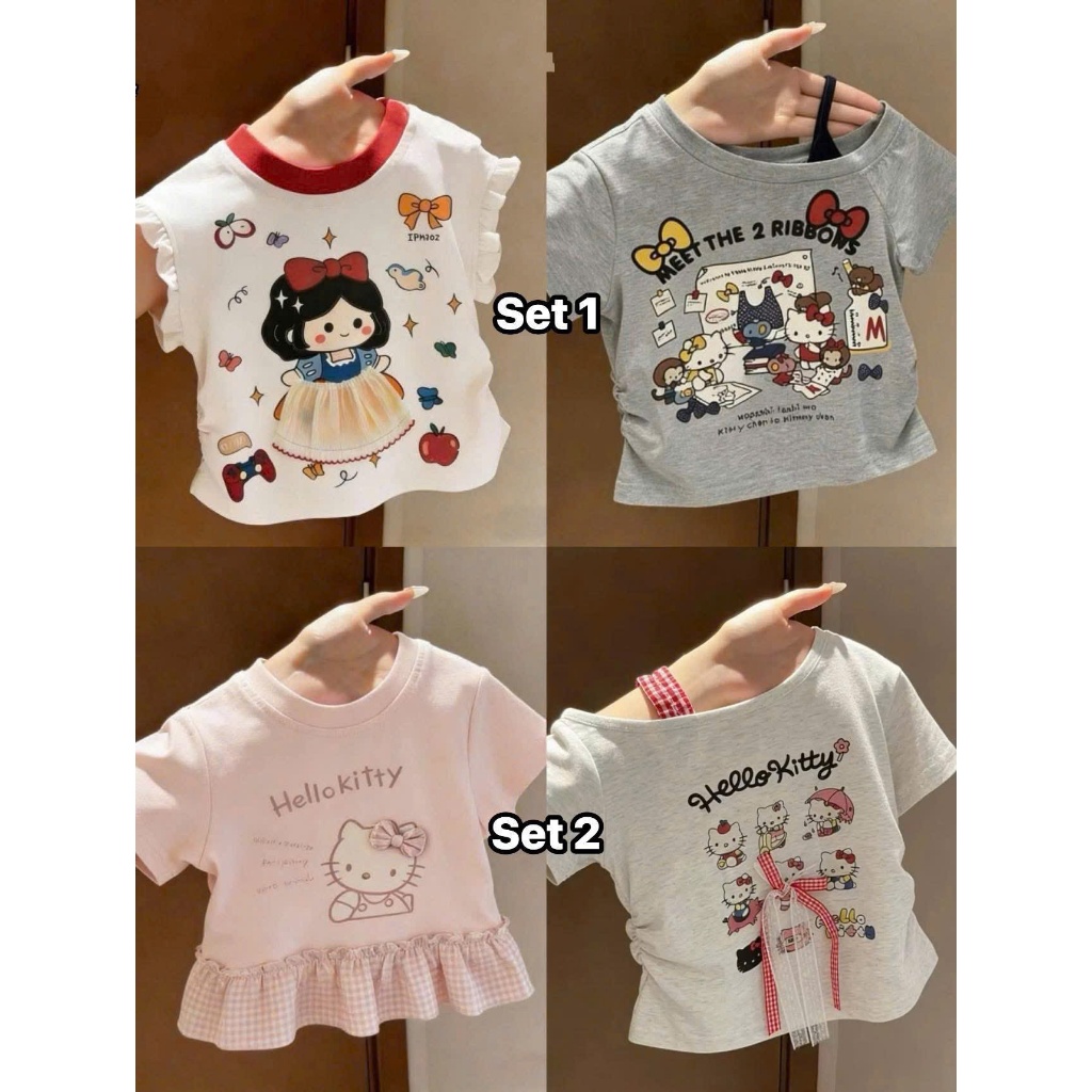Áo Thun Bé Gái Voi Kids Style - Sét 2 Áo Kiểu Cách Điệu Phối Nơ Bèo Nhún Siêu Xinh, Chất Cotton Mềm Mát Cho Bé Đi Chơi
