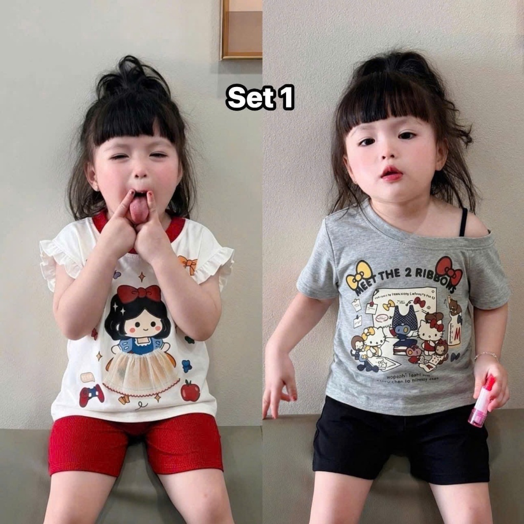 Áo Thun Bé Gái Voi Kids Style - Sét 2 Áo Kiểu Cách Điệu Phối Nơ Bèo Nhún Siêu Xinh, Chất Cotton Mềm Mát Cho Bé Đi Chơi