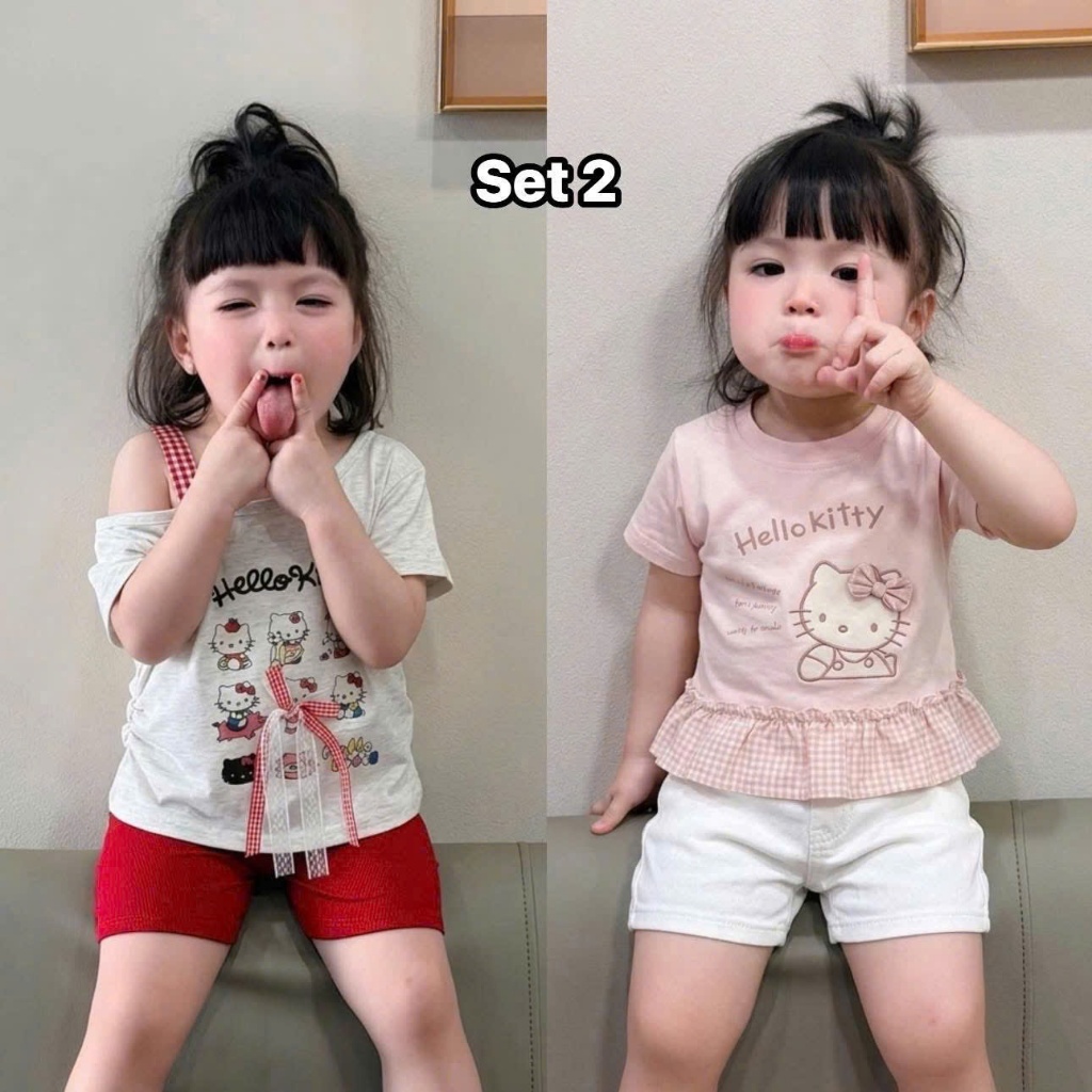 Áo Thun Bé Gái Voi Kids Style - Sét 2 Áo Kiểu Cách Điệu Phối Nơ Bèo Nhún Siêu Xinh, Chất Cotton Mềm Mát Cho Bé Đi Chơi