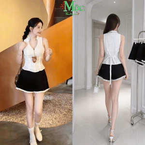 Set bộ đùi, Set thiết kế áo full lót phối Ren cổ V thắt dây sau kèm quần đùi phối viền Ren xinh xắn