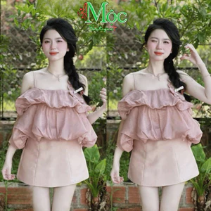 Set váy ngắn, set áo Xô Ánh Kim tầng bí bồng đính hai hoa lớn vai phối chân váy Tapta có quần trong