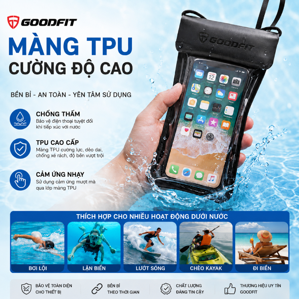 Túi chống nước điện thoại GoodFit GF02WP 4 lớp, chống nước chuẩn IPX8, đi biển đi bơi, cảm ứng nhạy