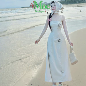 Đầm thiết kế đi biển, đầm hai dây Quảng Châu dáng dài xòe thêu hoa cao cấp kèm khăn choàng đầu