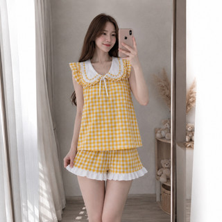 (35-50kg) Set Đồ Bộ Nữ Sọc Caro Cổ Bèo Vải Kate Mềm Mịn Mát Mặc Nhà Xinh Xắn Freesize Đến 50kg