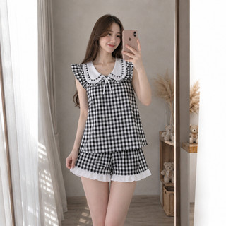 (35-50kg) Set Đồ Bộ Nữ Sọc Caro Cổ Bèo Vải Kate Mềm Mịn Mát Mặc Nhà Xinh Xắn Freesize Đến 50kg