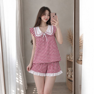 (35-50kg) Set Đồ Bộ Nữ Sọc Caro Cổ Bèo Vải Kate Mềm Mịn Mát Mặc Nhà Xinh Xắn Freesize Đến 50kg