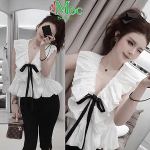 QC_ Set đi biển, Set Hottrend áo cổ V chất Lụa thắt nơ trước ngực phối quần lửng chất Umi xinh xắn