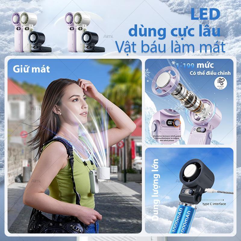 Aimi Quạt Mini Cầm Tay Gấp Gọn Sạc USB Đeo Cổ Pin Trâu Gió Mạnh Mini Portable