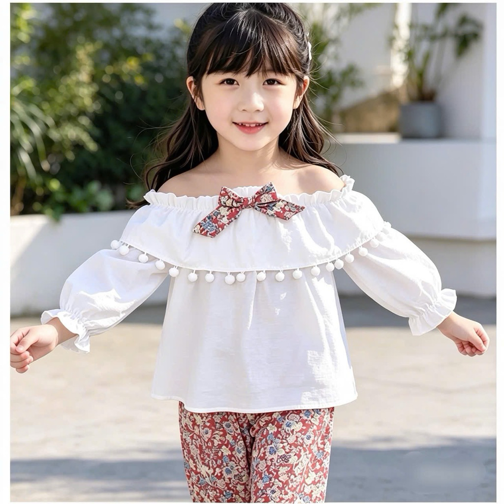 Set bé gái trễ vai tiểu thư June D5604 1-10 tuổi (10-40kg) – Bộ đồ trẻ em dáng xinh