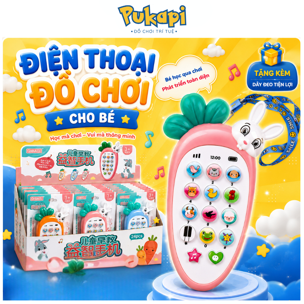 Điện Thoại Thỏ Cà Rốt Có Nhạc Điện Thoại Đồ Chơi Gặm Nướu Thỏ Gặm Cà Rốt Phát Nhạc Đèn Hình Thú - Đồ Chơi Cho Bé PUKAPI