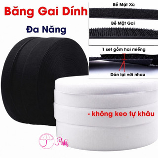 Băng dính gai, băng khóa nhám(1m-ko keo) 2 mặt khổ rộng 2cm màu đen trắng độ bám dính cao chất lượng tốt Pinky.