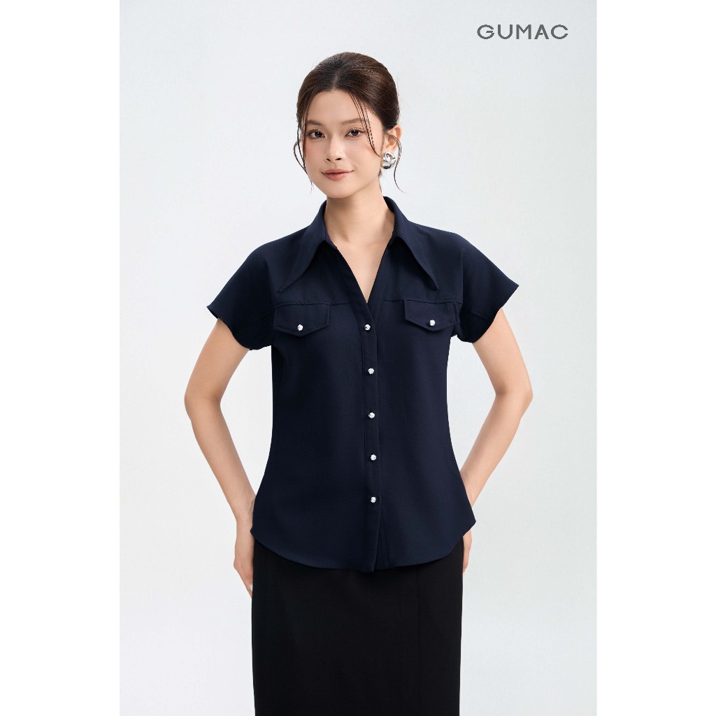 Áo Sơ Mi Nữ Tay Ngắn GUMAC Form Suông Lá Cổ Nhọn Chất Lụa Thái Rũ Mềm Mại Thoáng Mát AG05013