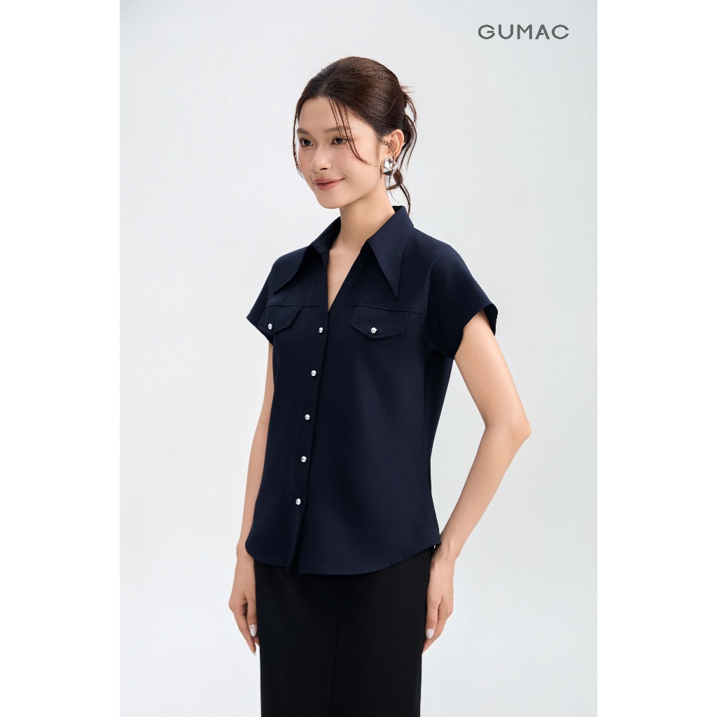 Áo Sơ Mi Nữ Tay Ngắn GUMAC Form Suông Lá Cổ Nhọn Chất Lụa Thái Rũ Mềm Mại Thoáng Mát AG05013
