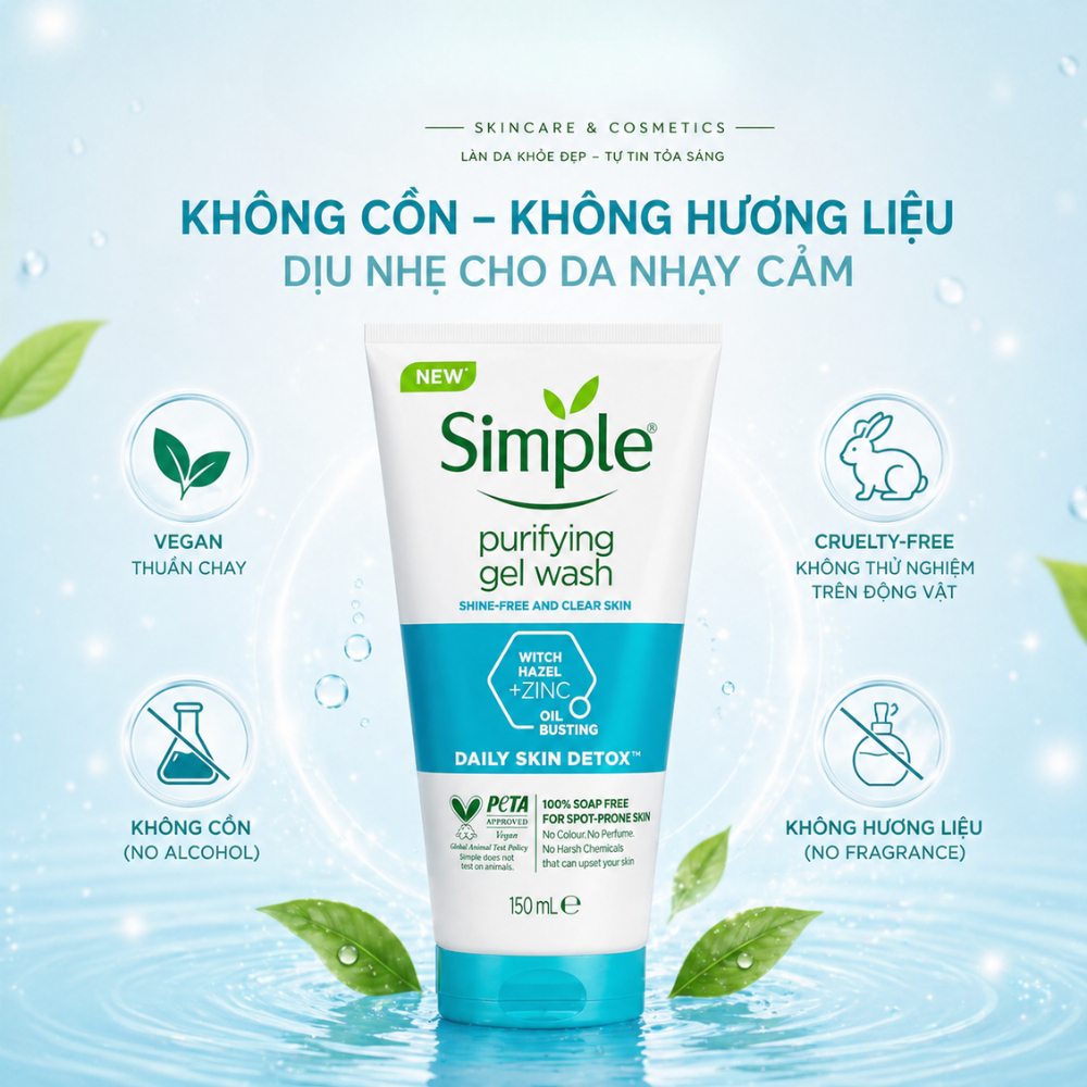 Sữa Rửa Mặt Simple Cho Mọi Loại Da, Giúp Sạch Bụi Bẩn, Tạo Cảm Giác Mềm Mịn Và Giảm Dầu Thừa Trên Da 150ML