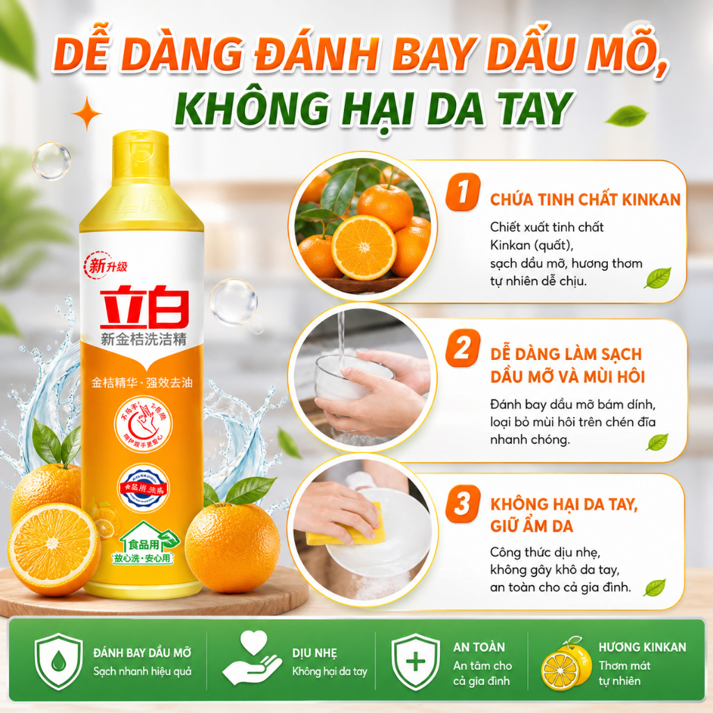 Nước rửa chén bát Liby 500g hương Kim Quất (Tắc), Nước rửa bát chiết xuất Vitamin E bảo vệ da tay khử mùi tanh
