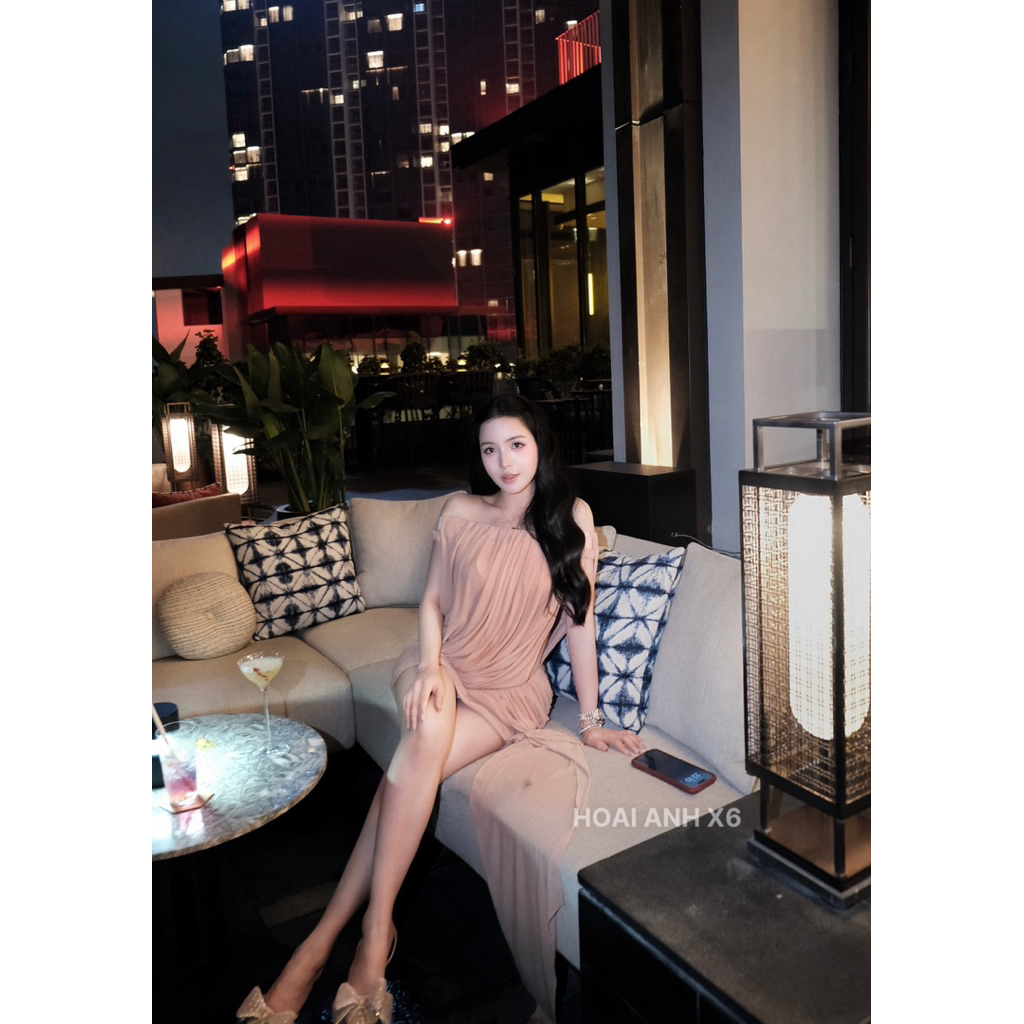 Đầm lưới trễ vai phối tà dài màu dịu mặc tiệc sự kiện siêu xinh 3 màu hồng - kem - nâu - xanh SM