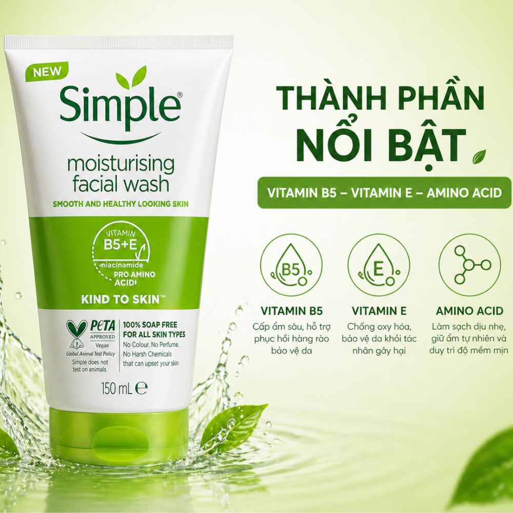 Sữa Rửa Mặt Simple Cho Mọi Loại Da, Giúp Sạch Bụi Bẩn, Tạo Cảm Giác Mềm Mịn Và Giảm Dầu Thừa Trên Da 150ML