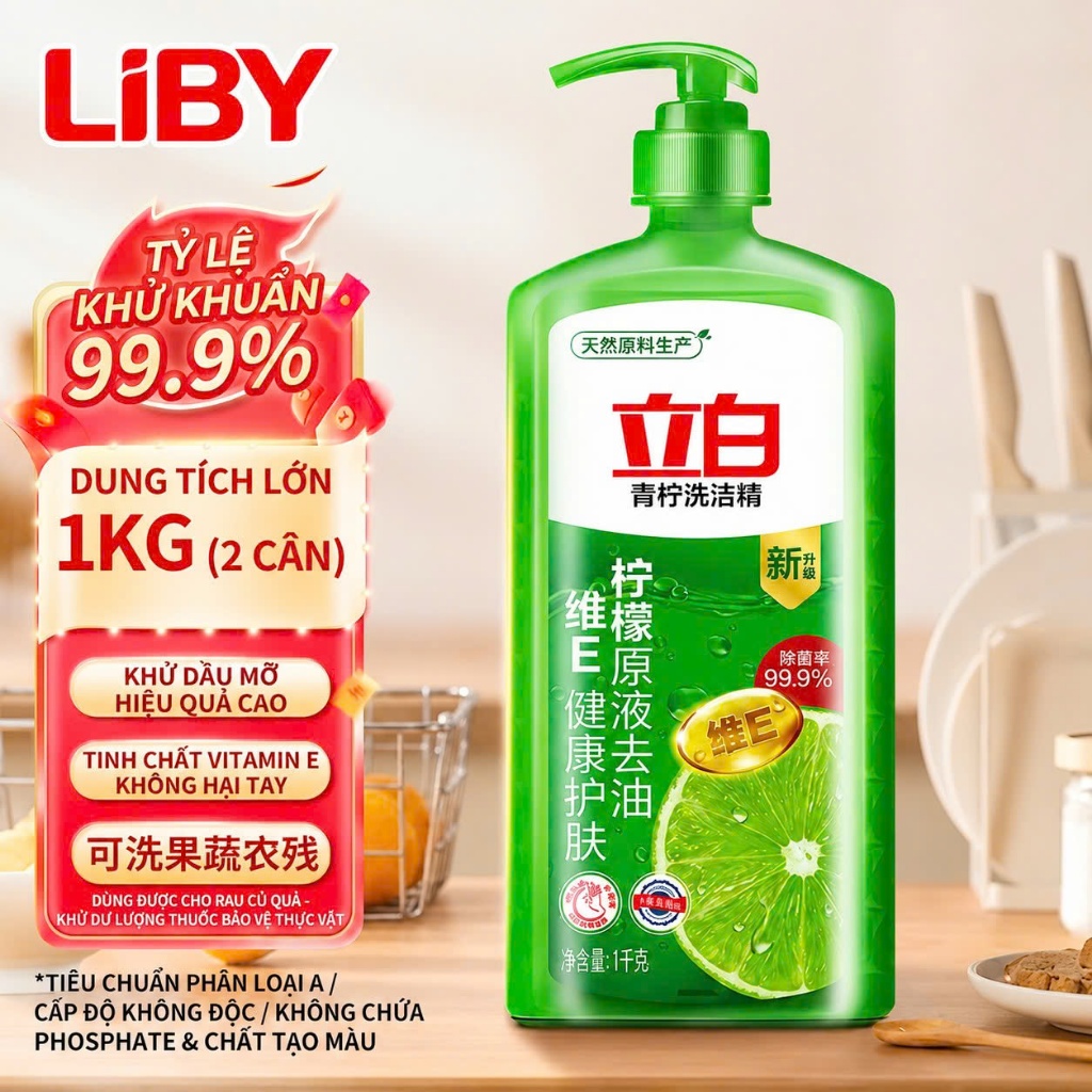 Nước rửa chén bát Liby 1KG hương Chanh xanh, Nước rửa bát mềm da tay an toàn rửa được rau củ quả