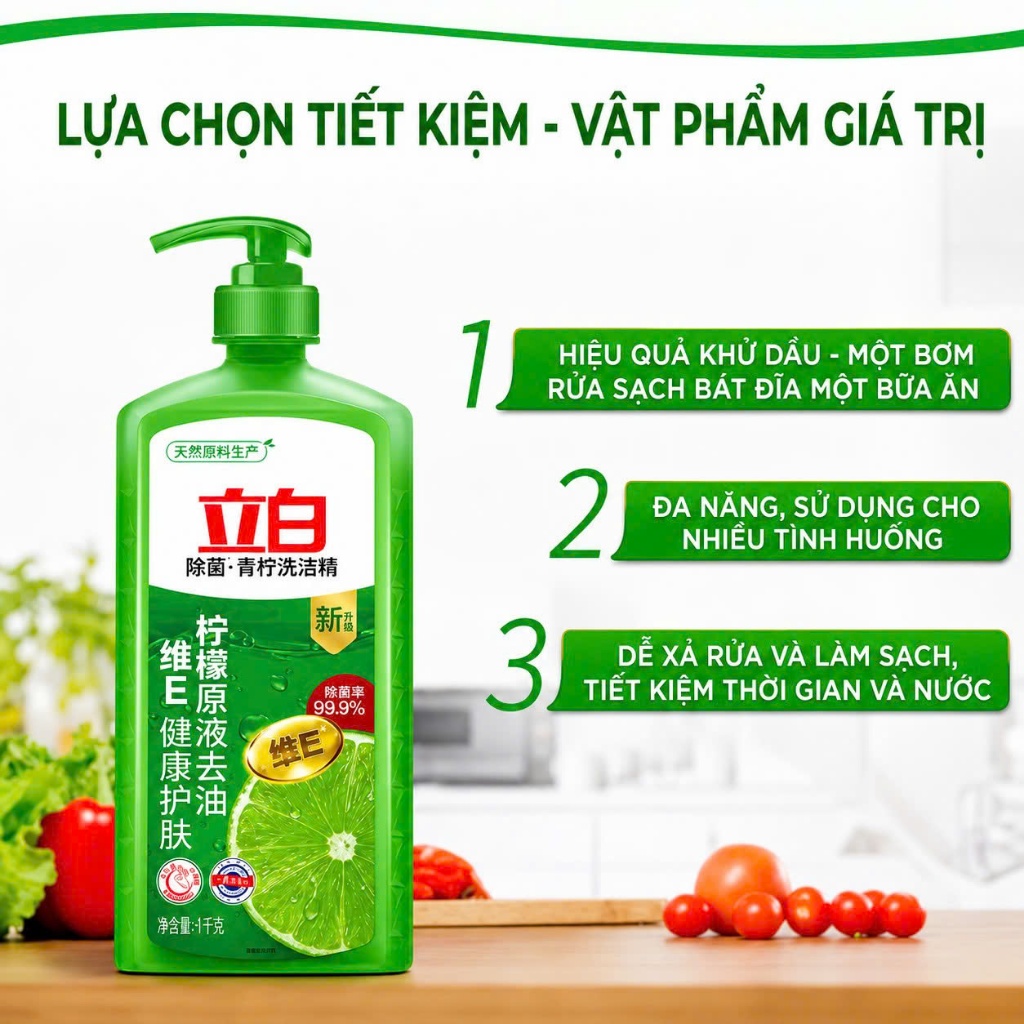 Nước rửa chén bát Liby 1KG hương Chanh xanh, Nước rửa bát mềm da tay an toàn rửa được rau củ quả