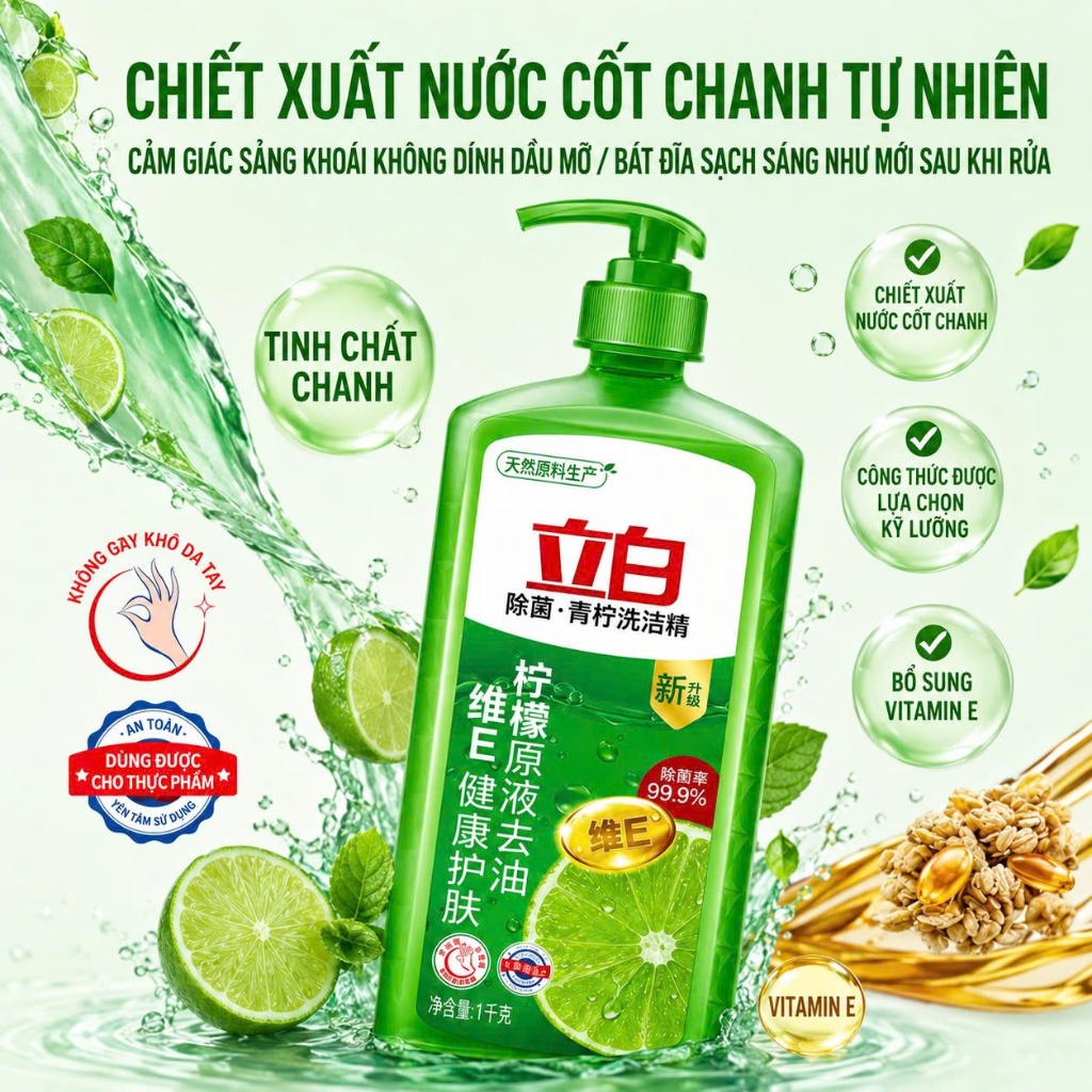 Nước rửa chén bát Liby 1KG hương Chanh xanh, Nước rửa bát mềm da tay an toàn rửa được rau củ quả