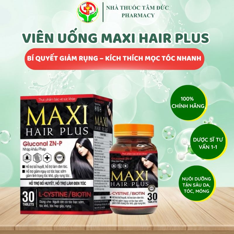 Viên Uống MAXI HAIR PLUS Hỗ Trợ Bổ Huyết, Làm Đen Tóc, Giảm Rụng Tóc, Kích Thích Mọc Tóc - Lọ 30 Viên