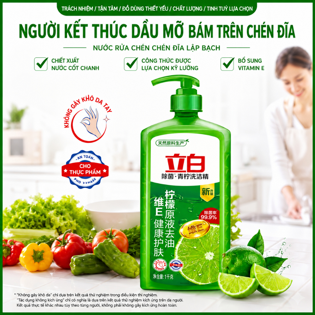 Nước rửa chén bát Liby 1KG hương Chanh xanh, Nước rửa bát mềm da tay an toàn rửa được rau củ quả