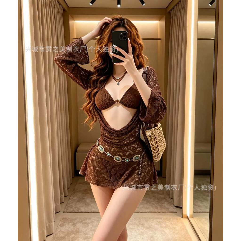2Soonsumff Bikikin 3 mảnh buộc dây kèm váy lưới sexy, bộ đồ bơi cao cấp phong cách vintage cho nữ