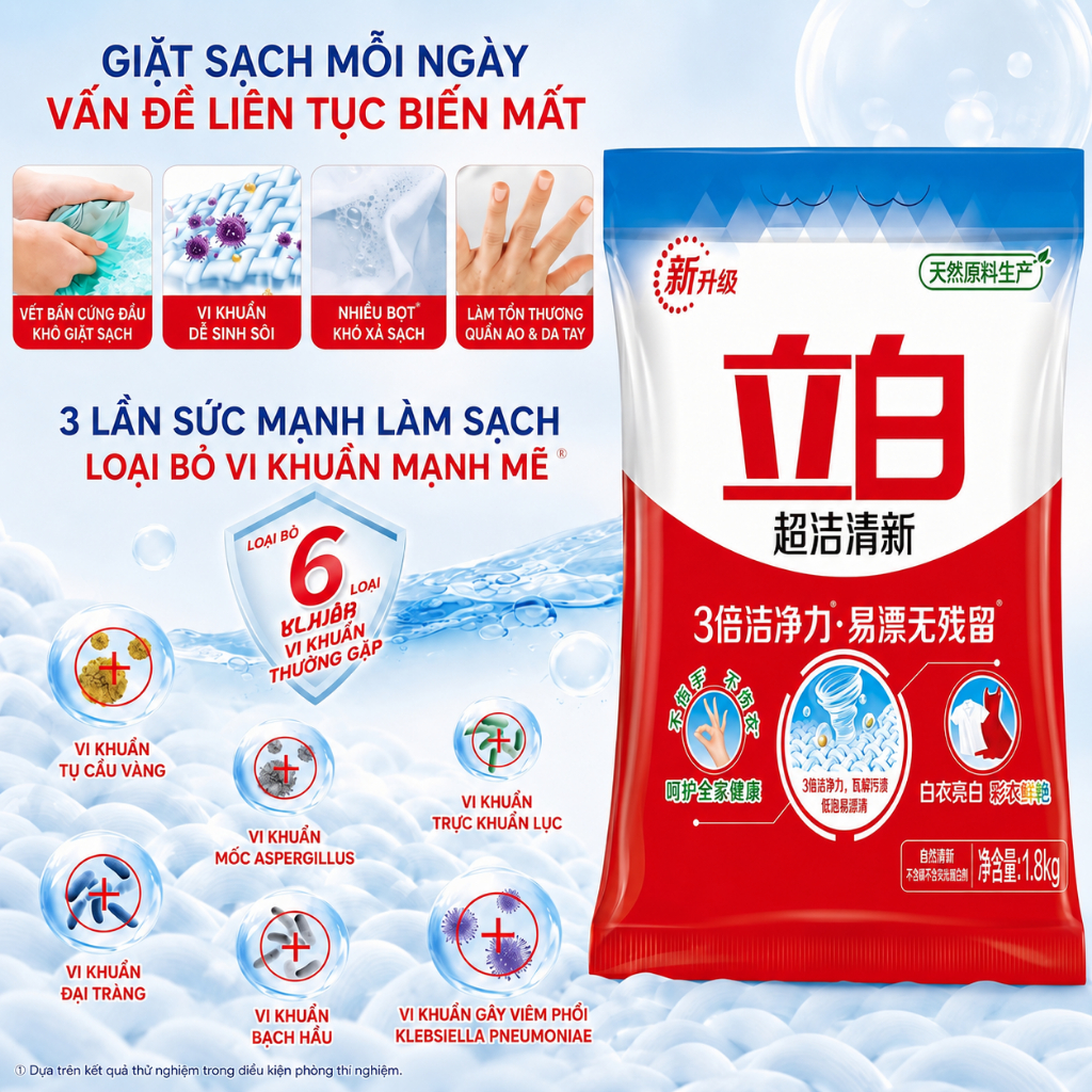 Bột giặt Liby siêu sạch 1.8KG không chứa Phốt Pho, Bột giặt quần áo an toàn cho da tay dễ hòa tan